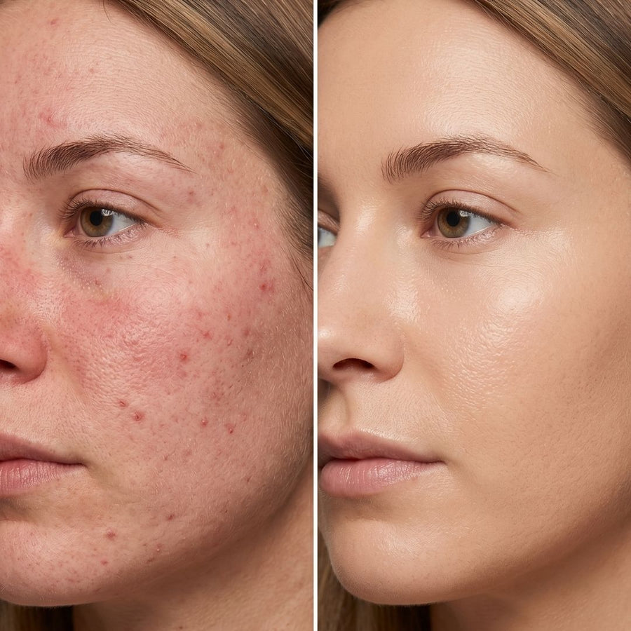 Le visage de Sophie avant et après quatre semaines : rougeurs et boutons nettement atténués sur la joue.