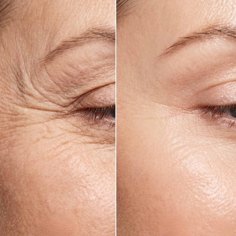 Le contour de l'œil de Pauline avant et après deux semaines : ridules lissées et peau visiblement repulpée.